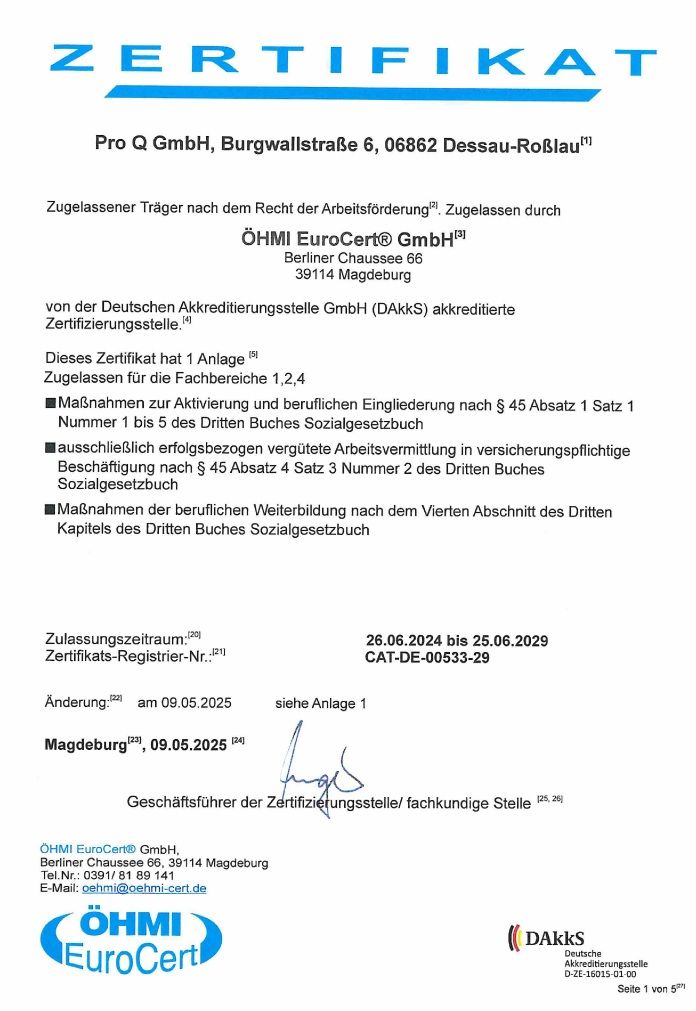 Trägerzertifikat Zugelassen für Fachbereiche 1, 2,4 